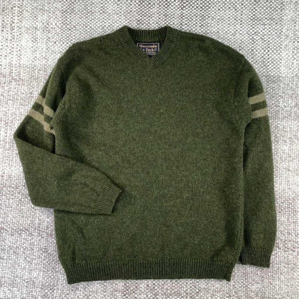 Abercrombie & Fitch Wool Sweater Mens S Green Striped V-Neck Shetland Outdoor